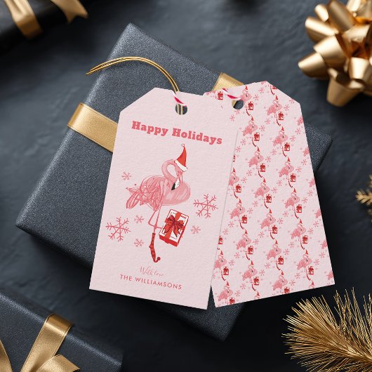 Roze Flamingo Tropisch Strand Vogel Kerstmis Cadeaulabel