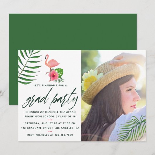 Roze Flamingo Tropische Aquarel Luau Afstudeerfees Kaart (Voorkant / Achterkant)