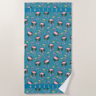 Roze Flamingo Tropische Art Deco Retro Blue Custom Strandlaken