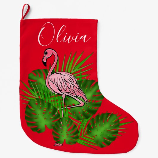 Roze Flamingo, tropische bladeren Grote Kerstsok (Voorkant)