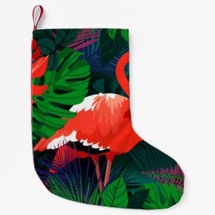 Roze flamingo. Tropische bladeren, roze vlinder, Kleine Kerstsok