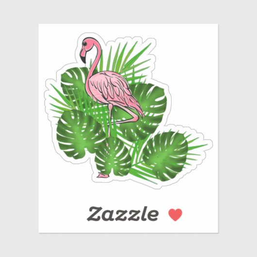 Roze Flamingo, tropische bladeren Sticker (Vel)