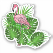 Roze Flamingo, tropische bladeren Sticker (Voorkant)