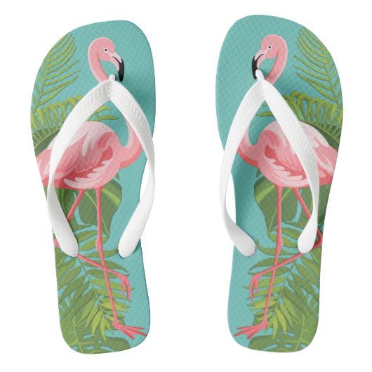 Roze Flamingo Tropische Bladeren Turquoise Teenslippers (Voetbed)