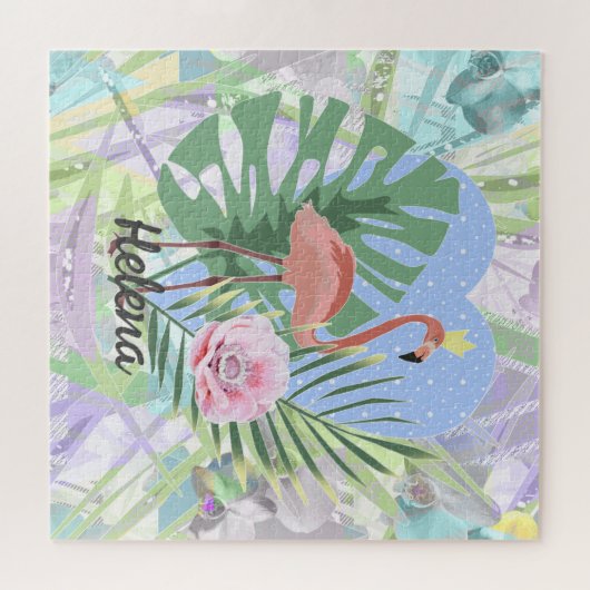 Roze Flamingo tropische bladpalm monstera Jigzaag  Legpuzzel (Horizontaal)