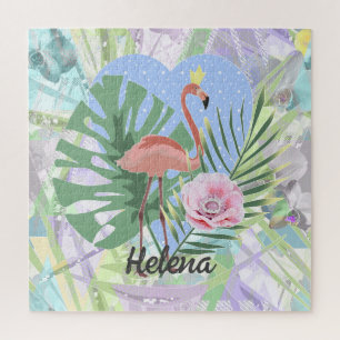 Roze Flamingo tropische bladpalm monstera Jigzaag Legpuzzel