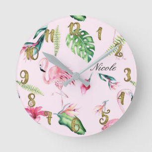 Roze Flamingo & Tropische Bloem Bladeren Custom Ronde Klok
