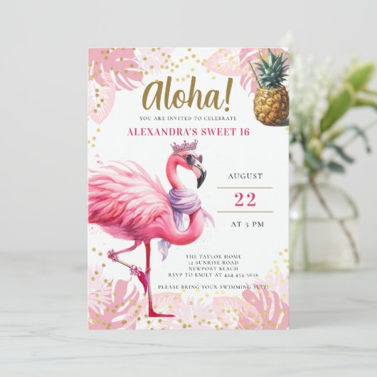 Roze Flamingo Tropische Bloemen Aloha Party Sweet  Kaart (Staand voorkant)