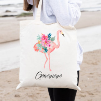 Roze Flamingo Tropische Bloemen Bruidsmeisje Canva Tote Bag