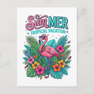 Roze Flamingo Tropische Bloemen - zomer vakantie Feestdagenkaart