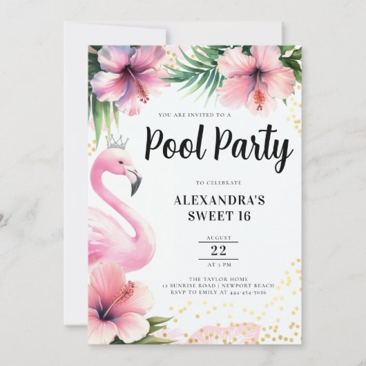 Roze Flamingo Tropische Bloemen Zwembad Party Swee Kaart (Voorkant)