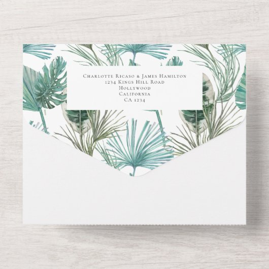 Roze Flamingo Tropische bruiloft All In One Uitnodiging (Achterkant)