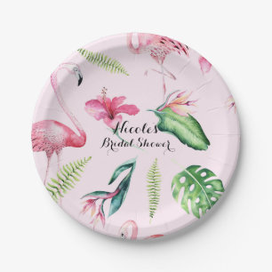 Roze Flamingo Tropische Hibiscus Bloemen Feestelij Papieren Bordje
