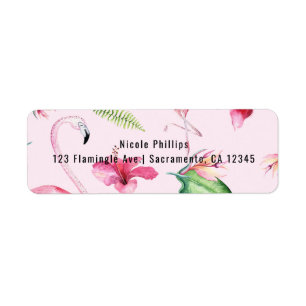 Roze Flamingo Tropische Hibiscus Bloemen Pret Etiket