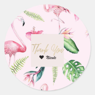 Roze Flamingo Tropische Hibiscus Bloemenplezier Fa Ronde Sticker