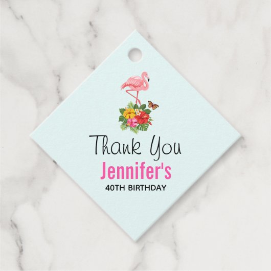 Roze flamingo & Tropische Hibiscus Fancy Dank u we Bedankjes Labels (Voorkant)