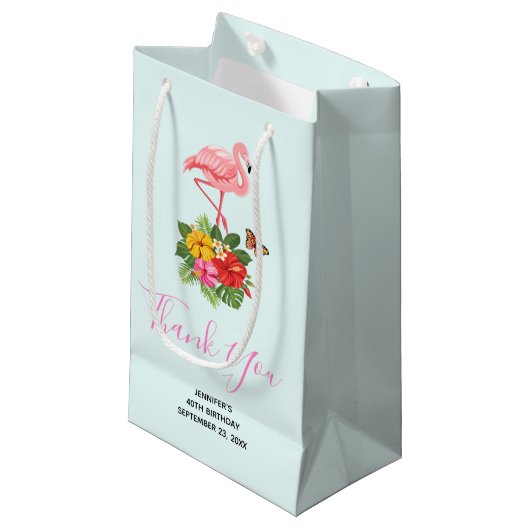 Roze flamingo & Tropische Hibiscus Fancy Dank u we Klein Cadeauzakje (Voorkant Gekanteld)