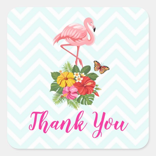 Roze flamingo & Tropische Hibiscus Fancy Dank u we Vierkante Sticker (Voorkant)