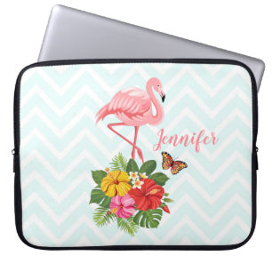 Roze flamingo & Tropische Hibiscus Fancy Laptop Sleeve