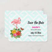 Roze Flamingo & Tropische Hibiscus Fancy Verjaarda Save The Date (Voorkant / Achterkant)