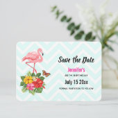 Roze Flamingo & Tropische Hibiscus Fancy Verjaarda Save The Date (Staand voorkant)