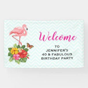 Roze Flamingo & Tropische Hibiscus Fancy Verjaarda Spandoek