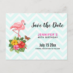 Roze Flamingo & Tropische Hibiscus Save the Date Uitnodiging Briefkaart