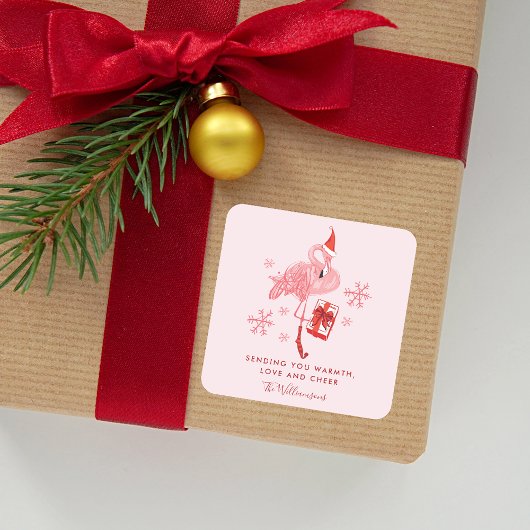 Roze Flamingo Tropische Kerst Waterverf Vierkante Sticker