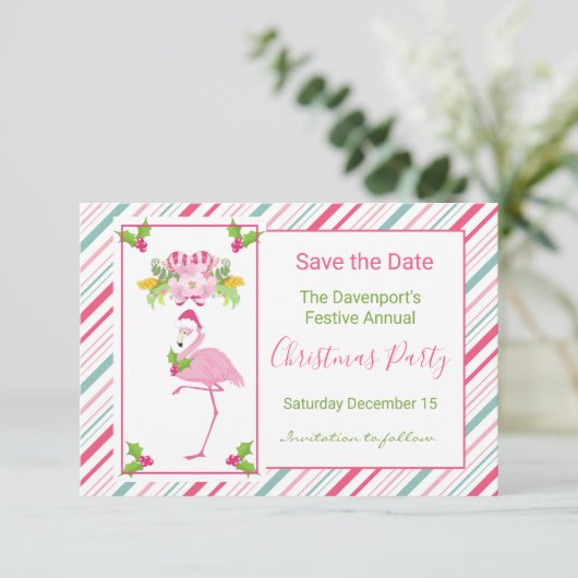 Roze Flamingo Tropische Kerstmis Bewaar de datum Kaart (Staand voorkant)