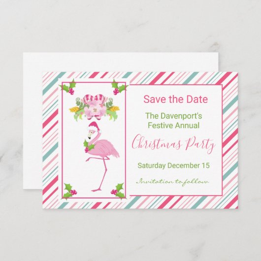 Roze Flamingo Tropische Kerstmis Bewaar de datum Kaart (Voorkant / Achterkant)