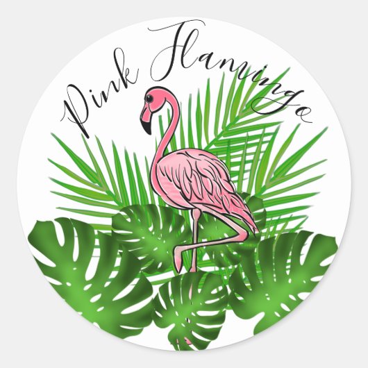 Roze flamingo, tropische oerwouden bladeren ronde sticker (Voorkant)