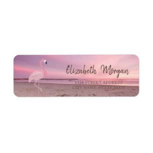 Roze Flamingo Tropische Strand Zonsondergang Etiket