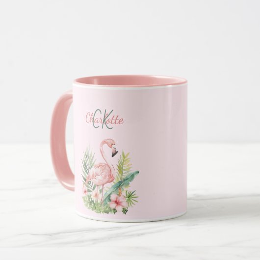 Roze flamingo tropische zomer monogram mok (Voorkant links)
