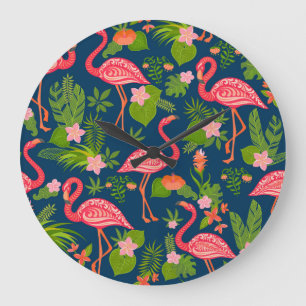 Roze Flamingo: Turquoise gestreepte Vintage Grote Klok