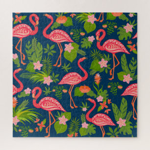 Roze Flamingo: Turquoise gestreepte Vintage Legpuzzel