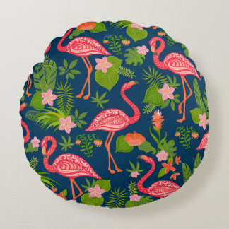 Roze Flamingo: Turquoise gestreepte Vintage Rond Kussen