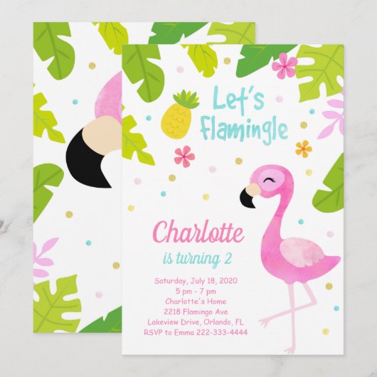  roze flamingo verjaardagsuitnodiging kaart (Voorkant / Achterkant)