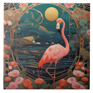 Roze Flamingo Vogel Art Nouveau Art Deco Tegeltje