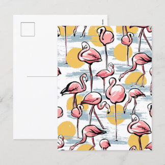 Roze Flamingo vogels en zonsondergang | Tropische  Feestdagenkaart