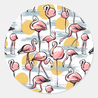Roze Flamingo vogels en zonsondergang | Tropische  Ronde Sticker