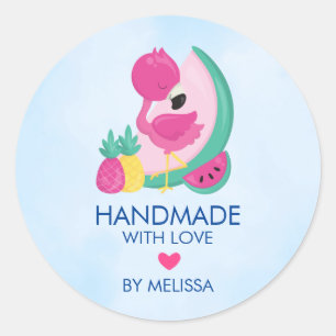 Roze Flamingo & Vruchten Handgemaakt met Liefde Ronde Sticker