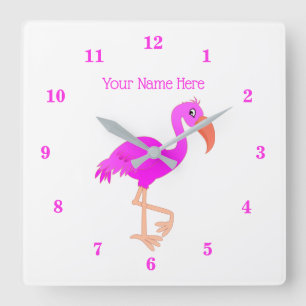 Roze Flamingo Wandklok met Aangepaste Tekst Naam Vierkante Klok