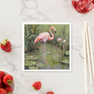 Roze Flamingo-waterlelies en rieten olieverfschild Servet