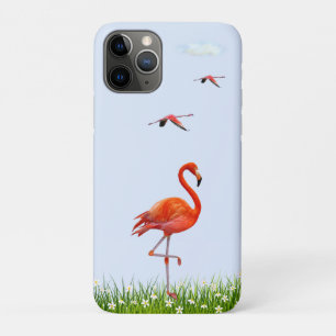 Roze Flamingo & Weide met Bloemen op Lichtblauw iPhone 11 Pro Hoesje