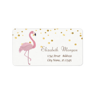 Roze Flamingo, Wit, Nep Goud Folie Confetti Etiket