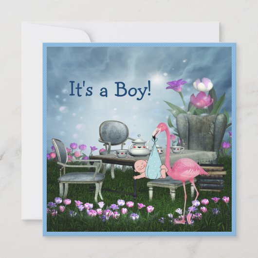 Roze Flamingo Wonderland Tea Party Boy Baby shower Kaart (Voorkant)