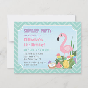 Roze Flamingo Zomer Luau Verjaardagsfeest Uitnodig Kaart