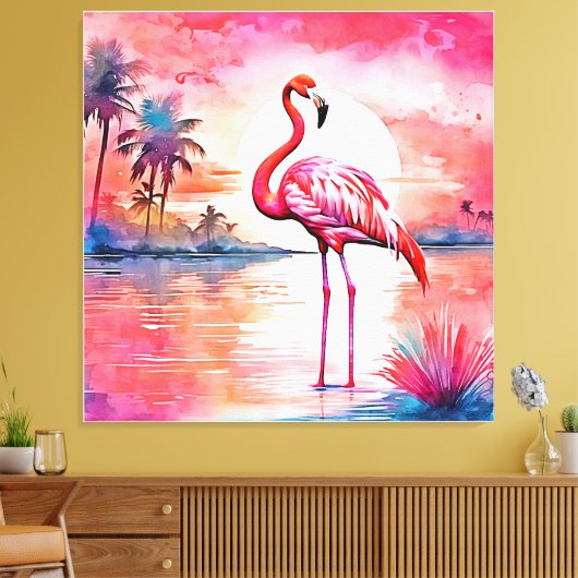 Roze flamingo zonsondergang canvas afdruk (Insitu (Woonkamer))