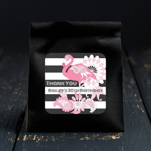 Roze Flamingo Zwart & Wit Gestreepte Bedankt Vierkante Sticker