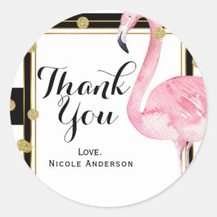 Roze Flamingo Zwart Witte Strepen & Gouden Confett Ronde Sticker